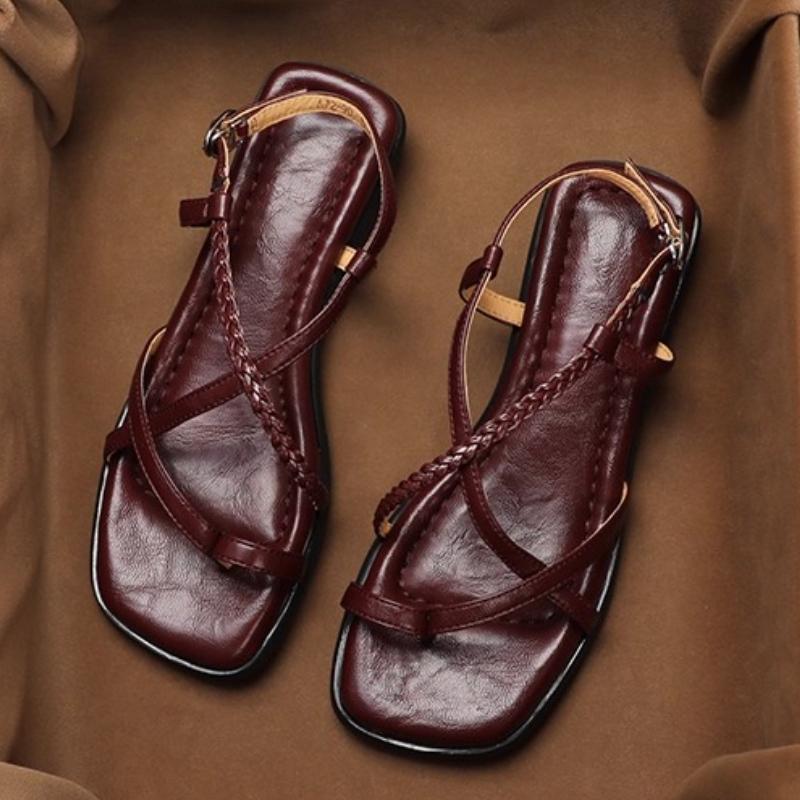 

Fashion Retro Cross Tied Flat Sandals Women Fashion Square Toe Ankle Buckle Brand Designer Shoes Comfortable Clip Toe Beach Flip Flops 39 коричневый