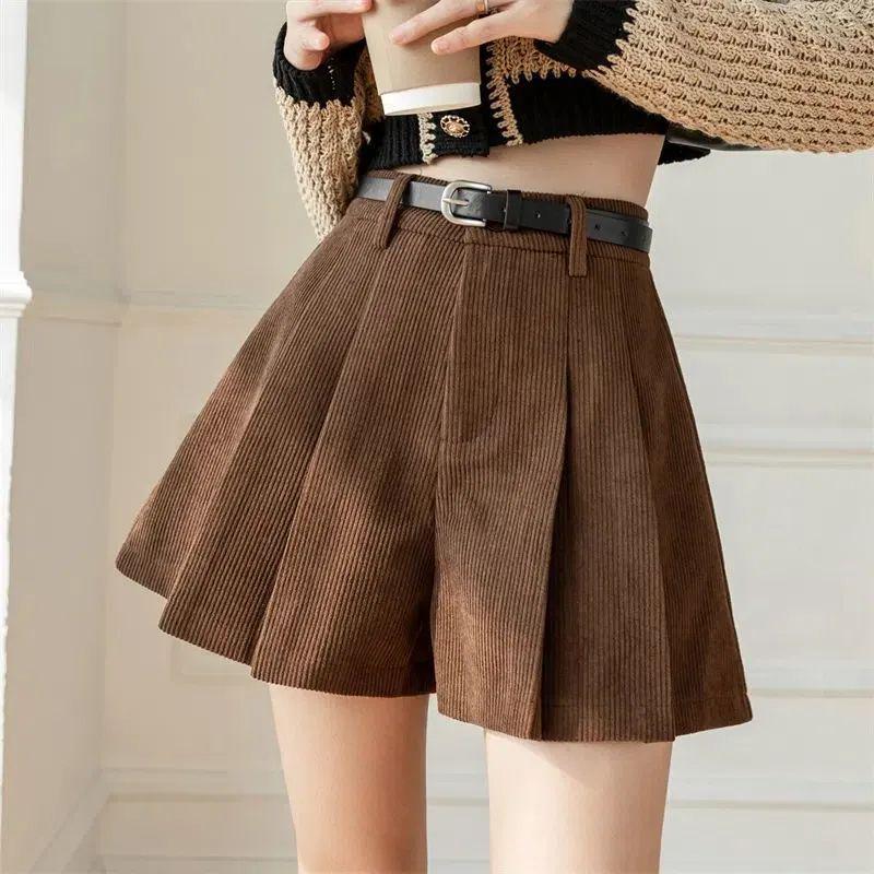 2023 Autumn/Winter Women's Plus Size High Waist Corduroy A-Line Wide-Leg Pleated Shorts