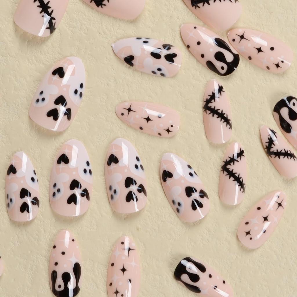 Halloween Short Press on Nails Almond Fake Nails with Ghost Starburst Blood Design Glue on Nails Glossy Acrylic Artificial Nails Full Cover Stick on