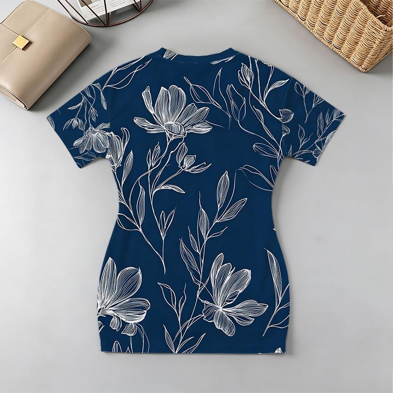 Short Sleeve Hot Girl Style Fitted V-Neck Floral Dress Comfortable, Versatile for Daily Casual & Beach Trips
