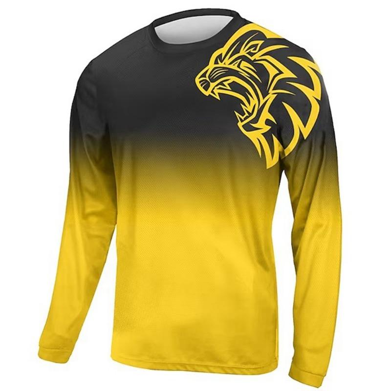 Contrast Color Lion Print Men's Long Sleeve T-shirt Outdoor Run Fitness Sports Topd Autumn Casual O-neck Oversized Pullover Tees