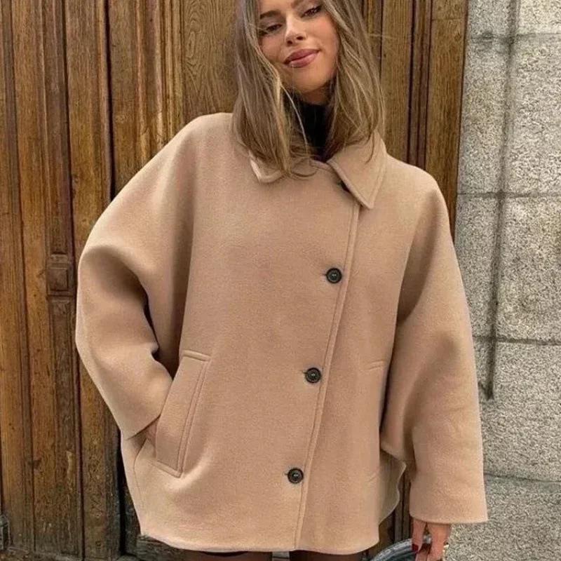 Women's European Style Turn-Down Collar Wool Overcoat, Winter Outerwear, Available in Multiple Colors