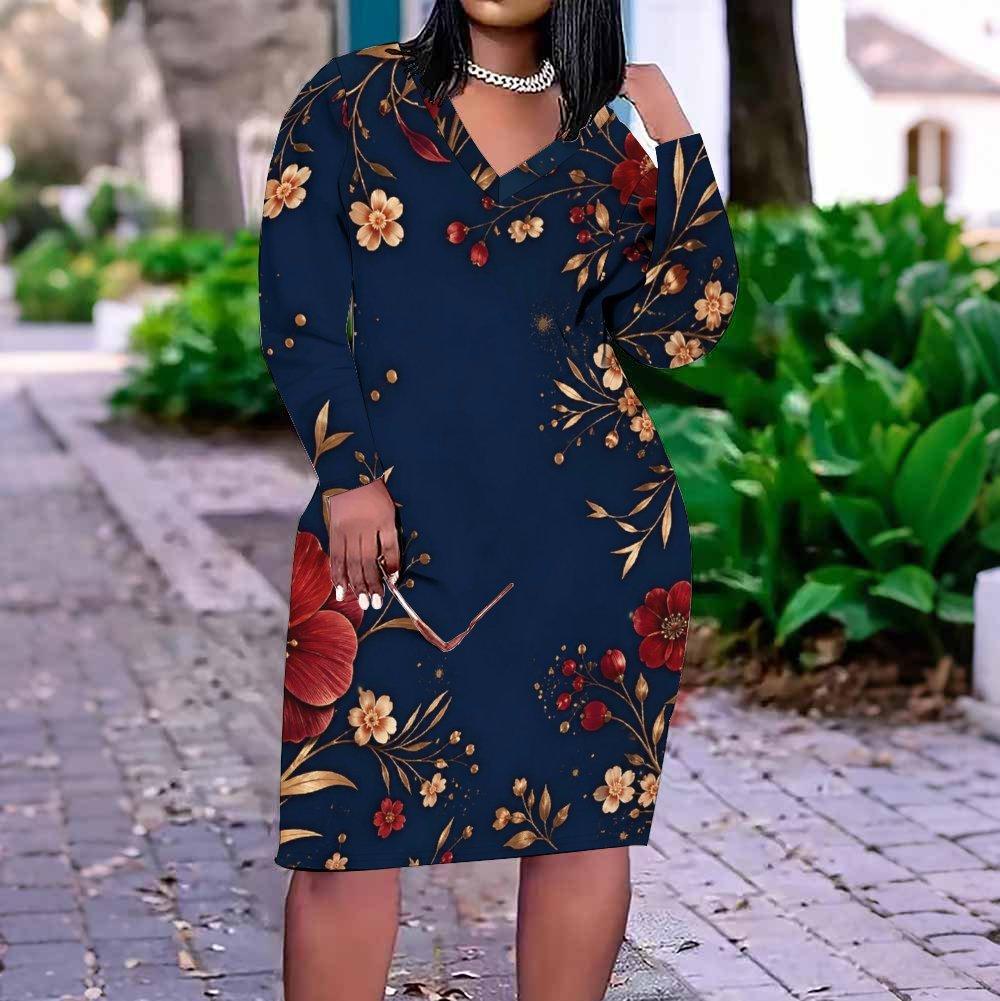 Women Plus Size V Neck Long Sleeve Printed Navy Blue Fitted Dress