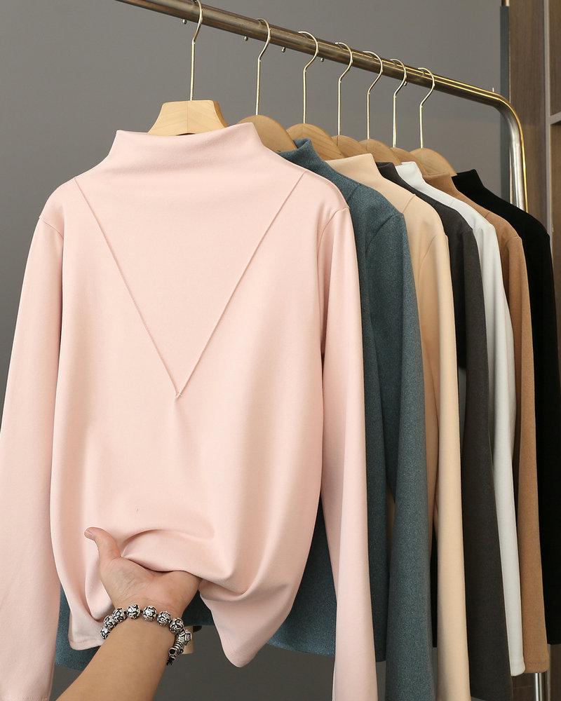 Women's Black Long-Sleeve Half-Turtleneck German Velvet Shirt - Stylish V-Cut Design for Autumn and Winter
