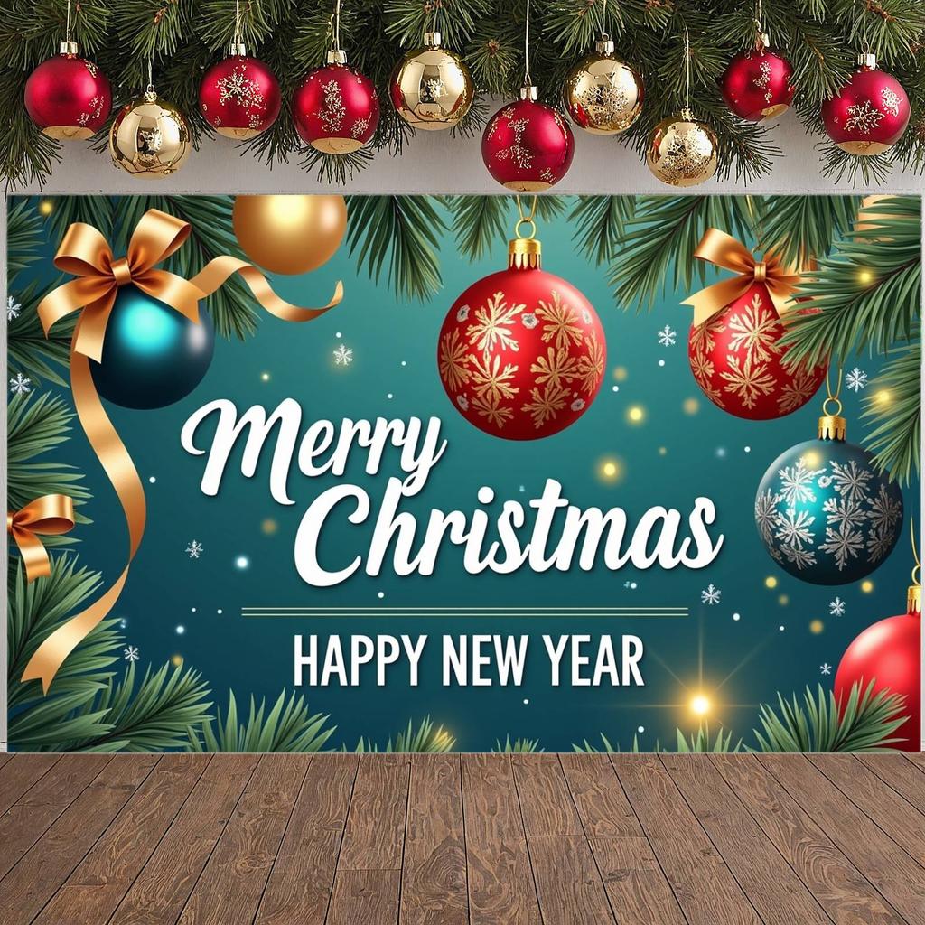 Merry Christmas Banner Colorful Ornaments Holiday Banner Christmas Party Banner Gold Bows For Indoor Decoration Office Home