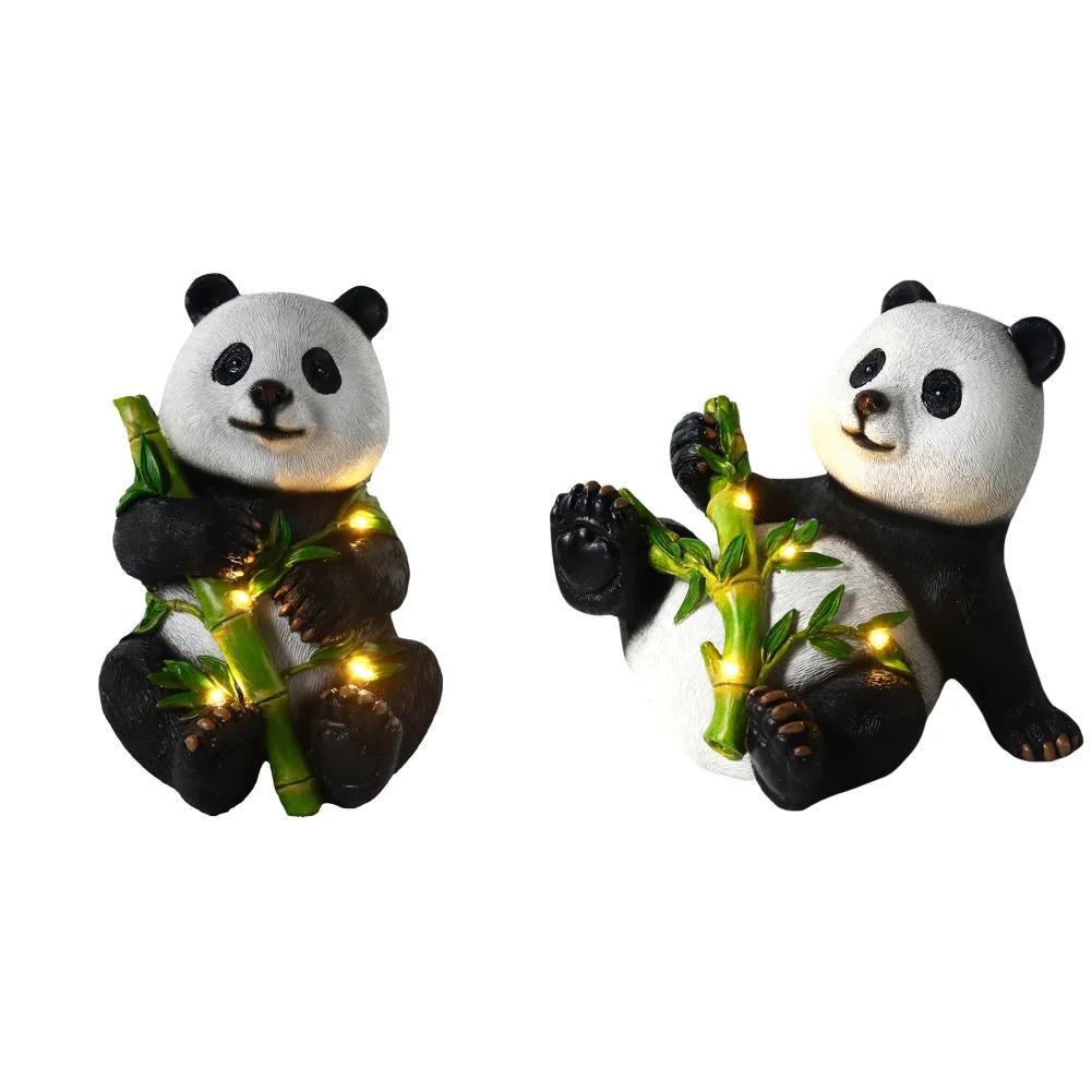 Panda Statue Solar Bamboo Light Resin Sculpture Waterproof Solar Garden Decor Indoor Outdoor Porch Patio Lawn Yard Decoration