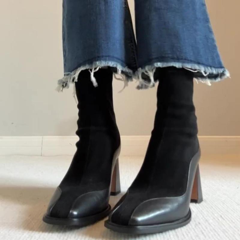 Damenschuhe Französisch Retro Spleißung Braun Elastisch Skinny Stiefel Damen Kopf Reißverschluss hinten Hoher Absatz Kurze Stiefel Kleine Socken