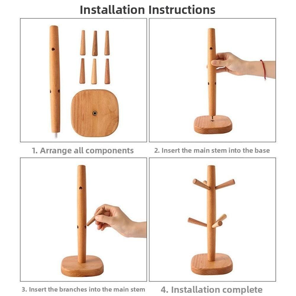 Wooden Mug Hanging Display Rack 6 Hooks Tea Cups Drainer Tabletop Drinkware Shelf  Home Decor