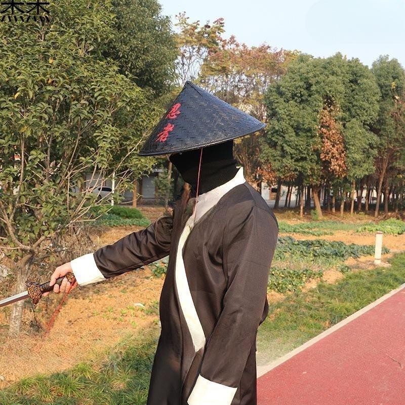 Retro Black Unisex Bamboo Hat and Raincoat for Dance and Film Shoots