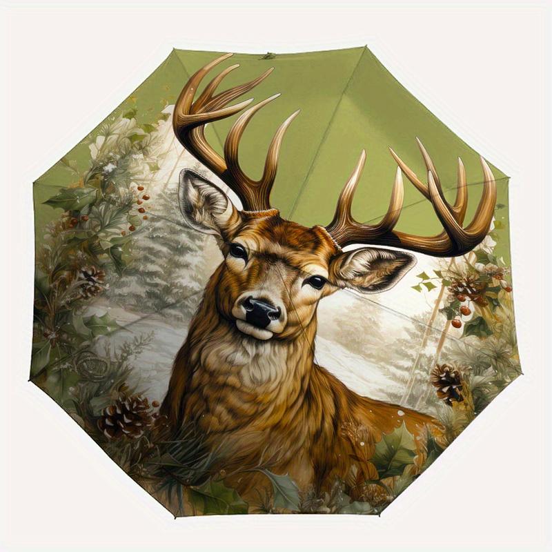 Deer, Winter Scene Automatic folding umbrella simple eight rib design, bright color pattern, durable iron frame, ideal for travel and outdo
