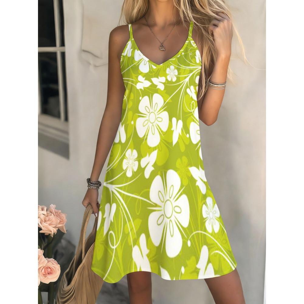 Women's Casual Bohemian Style, Summer Deep V-Neck Spaghetti Strap Midi Dress
