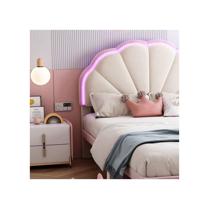 Lit Enfant - MUVOE - 90 X 200 Cm - Beige + Rose - Tête De Lit Lumineuse - Pieds Rembourrés