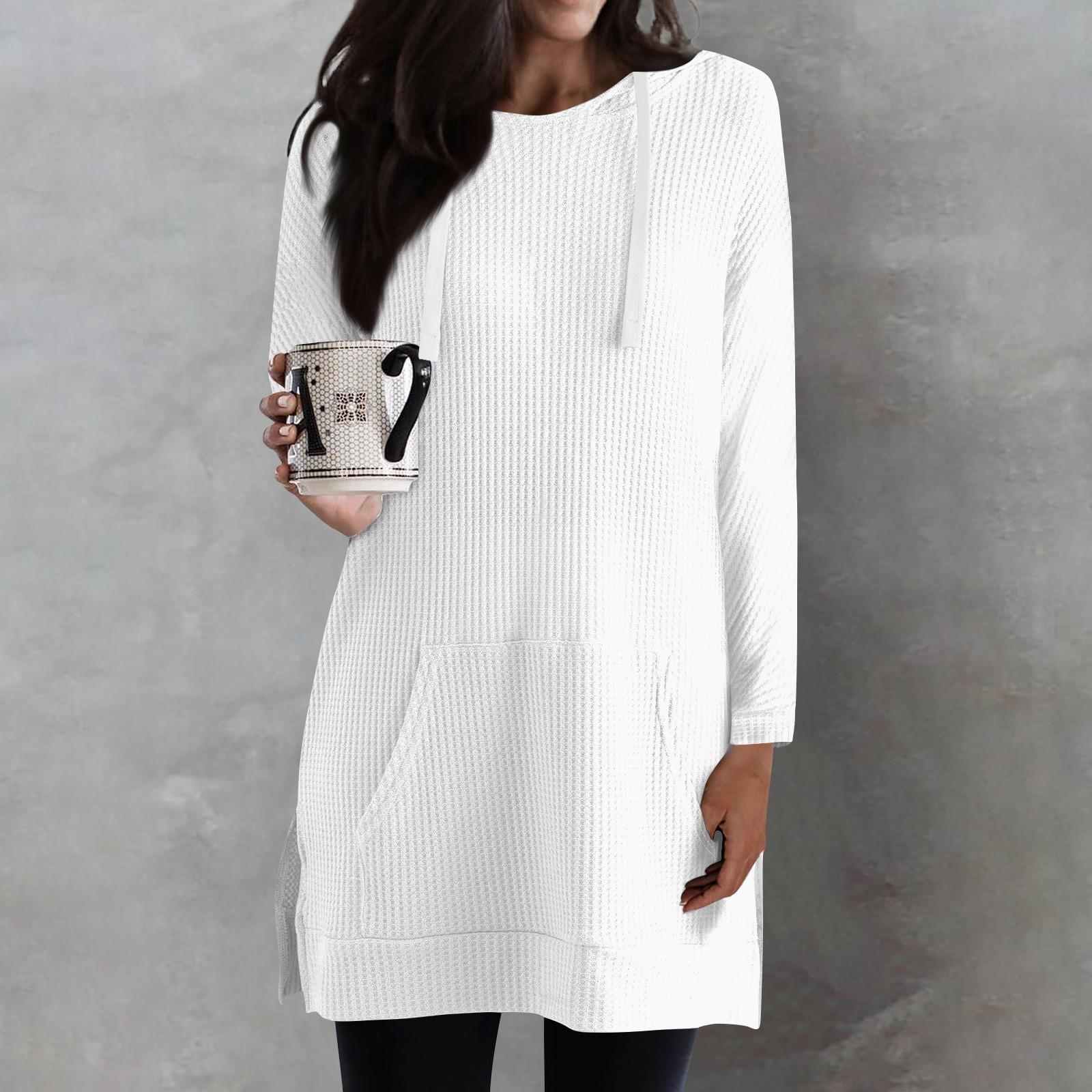 

Женские однотонные свободные рубашки с длинным рукавом, толстовки с капюшоном и завязками, трикотажные туники с боковыми разрезами и карманами