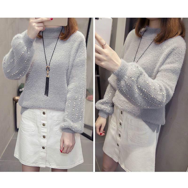 Fuzzy svetr pro ženy Svetr z imitace norkového sametu Dámský svetr s korálky Spodní část košile Korejské mohérové ​​svetry s dlouhým rukávem a dlouhým rukávem