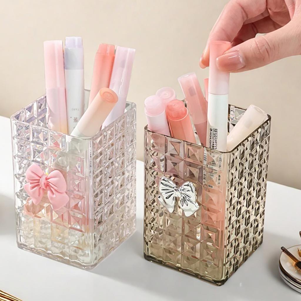 Square Plastic Makeup Brush Holder Desktop Cosmetic Storage Box With Bow Lipstick Eyeliner Makeup Organizer Jewelry Display Case