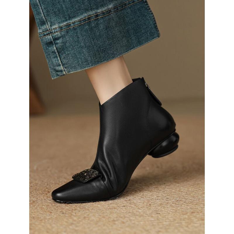 Foreign Style Small Short Boots Women's Boots Spring and Autumn Single Boots Round Head Medium Heel Thick Heel Rear Zipper Brown 