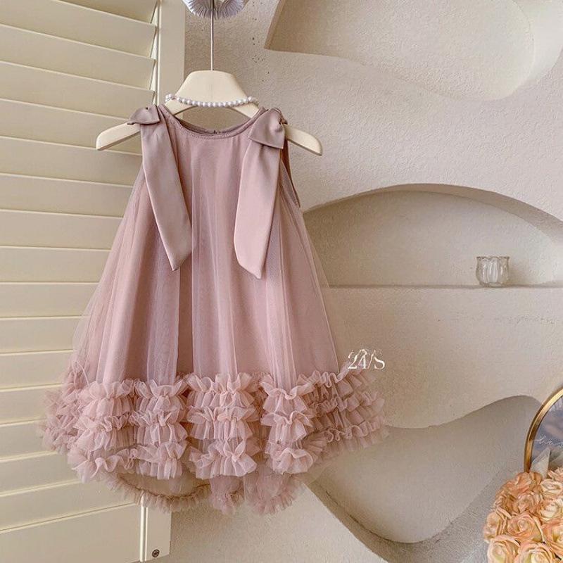 Korean Style Girls' Summer 2025 Bowknot Mesh Princess Party Dress