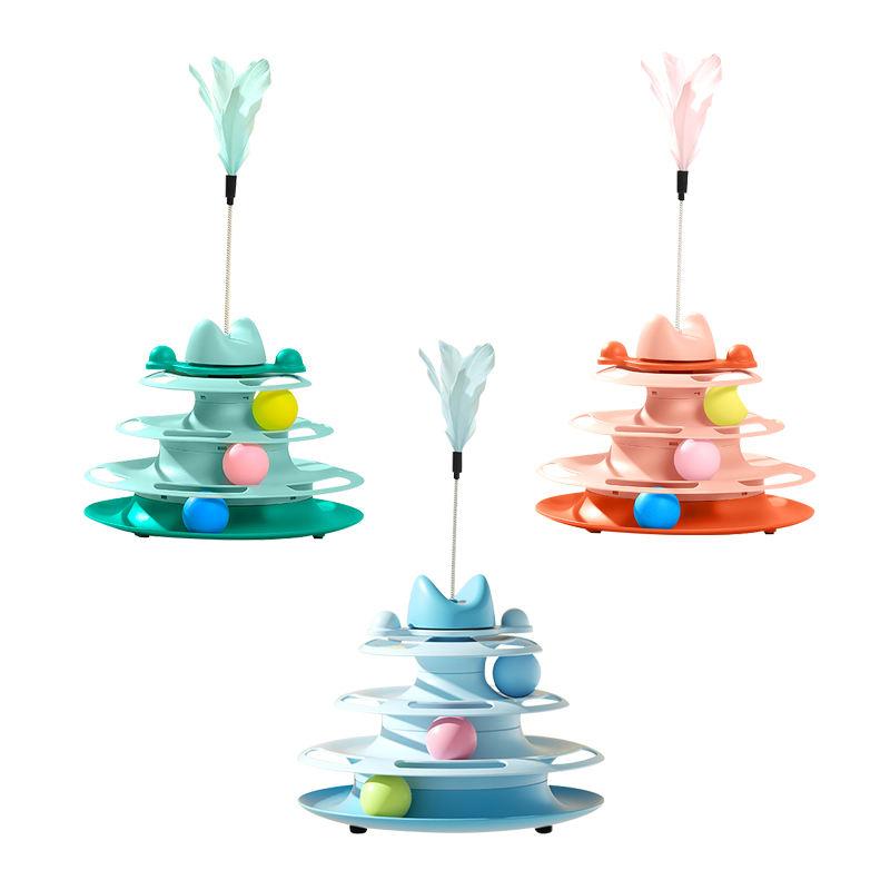 1pcs 3-Layer Feather Cat Turntable with Fun Toy Ball and Playing Stick - Interactive Toy for Cats