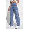 Womens Rigid Straight Fit Denim Pants With Multiple Pockets Vintage Washed Blue High-Waisted Casual Jeans