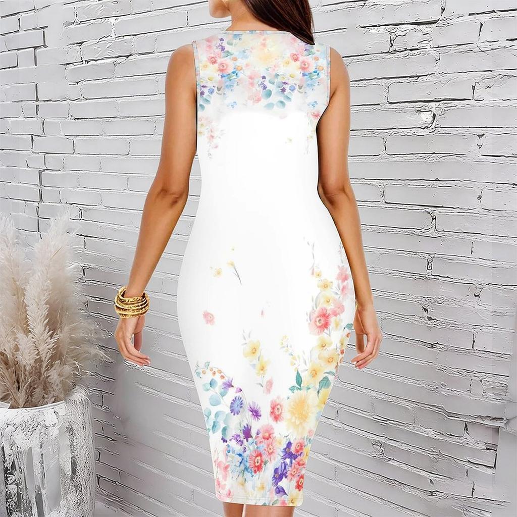 Women Plus Size Crew Neck Sleeveless Midi Dress White Base Vintage Pink Floral Print Bodycon Dress