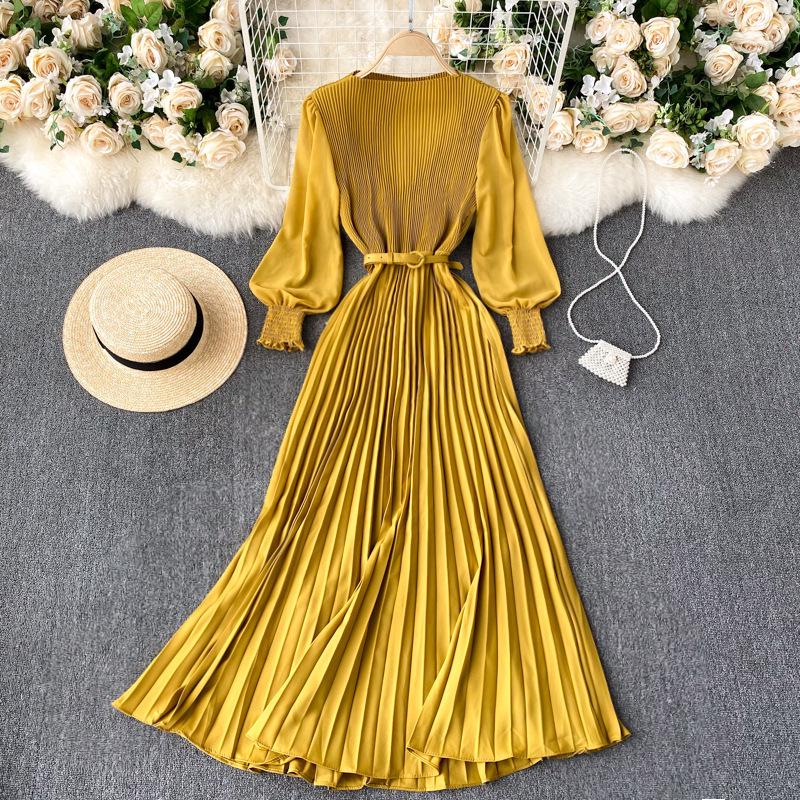 Vestido plisado francés de primavera para adelgazar - Elegante falda larga que ciñe la cintura