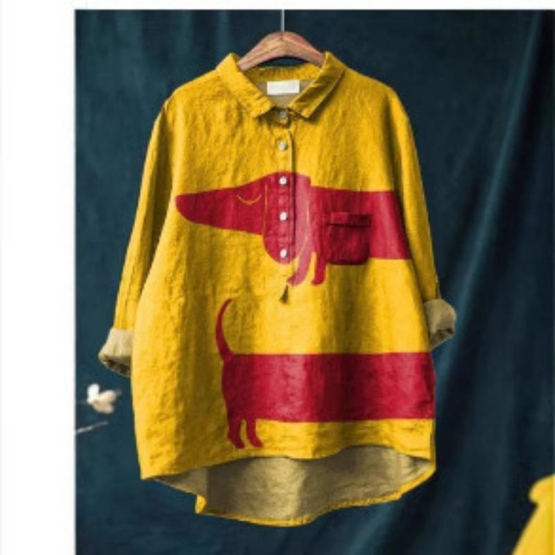 Women Dachshund Print Turn Down Collar Half Button Long Sleeve Linen Blend Shirt S