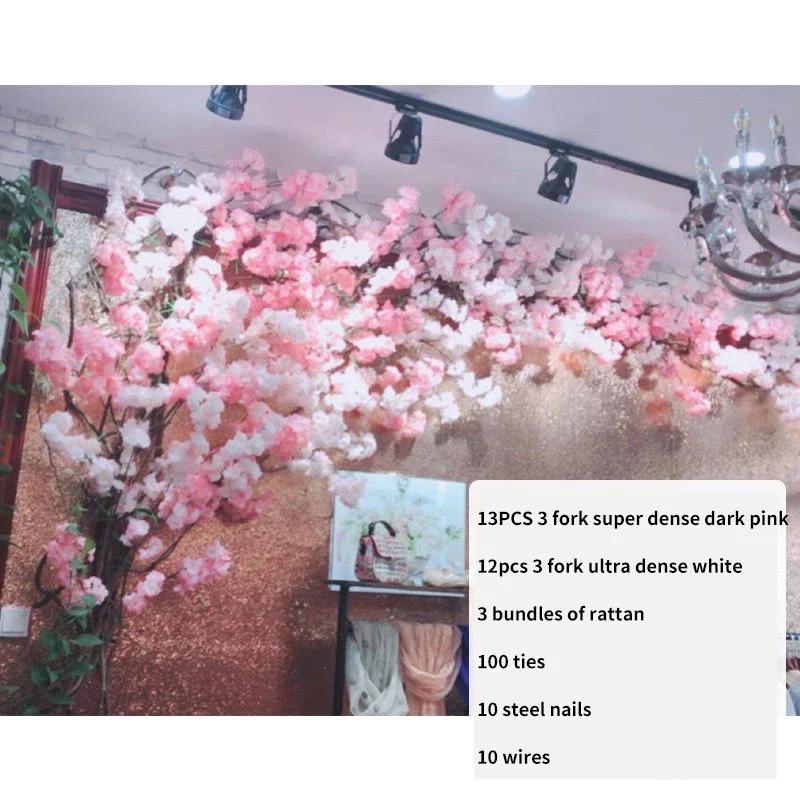 Artificial Cherry Tree Rattan Flower, Silk Wedding Background, Wall Decoration Flower, Home Decoration