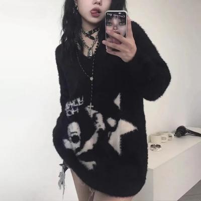 2KWEIRD Gotik Kafatasları Kazak Grunge Karanlık Estetik Örme Kazak V yaka Harajuku Bol Mohair Kazak Emo Alt Örme Giyim Y2k