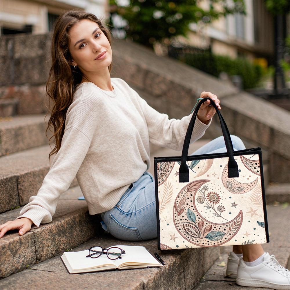 Boho Moon Pattern Tote Bag Fashion Casual Large Capacity Daily Shopping Handbag for Women Portable Lightweight Travel Shoulder Bag