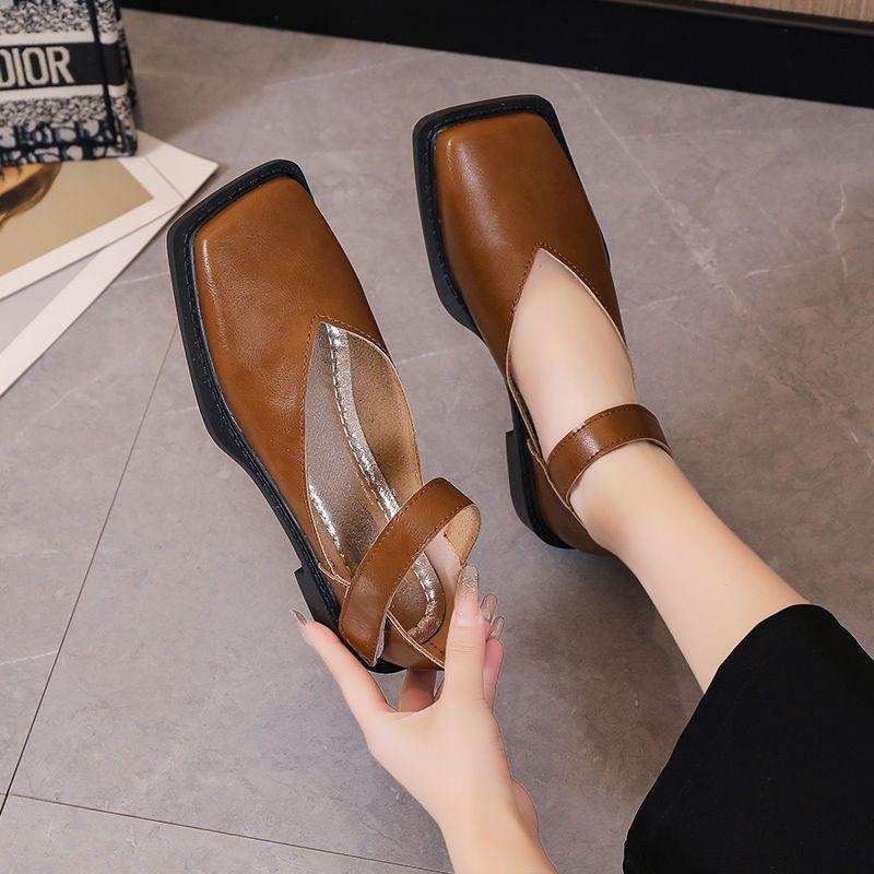 British lazy single shoes 2025 new French retro square head thick heel Mary Jane shoes small leather shoes women