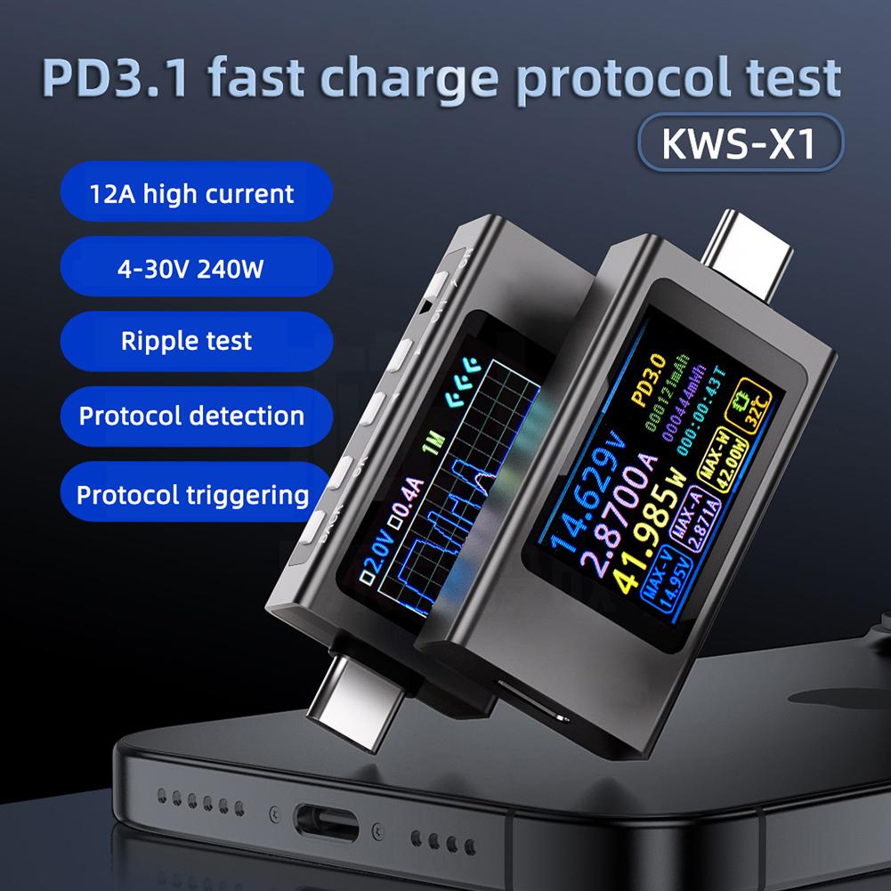 KWS-X1 Digital Voltmeter 4-30V 0-12A Type-C Current Voltage Monitor 240W USB Tester Fast Charging Trigger Meter HD IPS Display