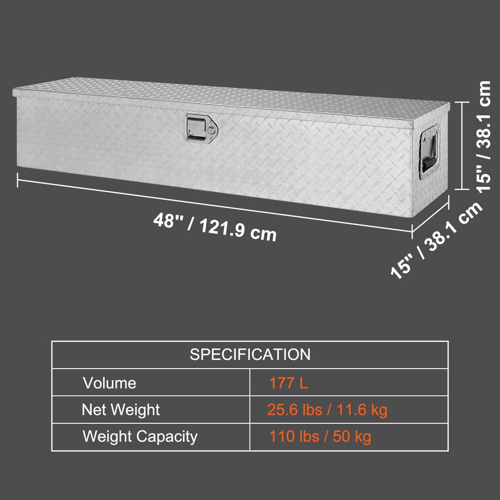 VEVOR Heavy Duty Aluminum Truck Bed Tool Box, Diamond Plate Tool Box with Side Handle and Lock Keys for Pickup, Truck Bed, RV