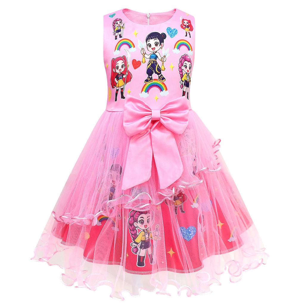82993 Kid Girls Kpop Demon Hunters Sleeveless Bow Mesh Dress