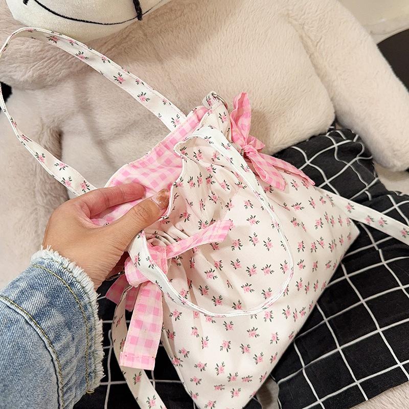 Simple Sweet Shoulder Bag Large Capacity Printed Tote Bag Fashion Sweet With Bowknot Storage Handbags Canvas Underarm Handbags