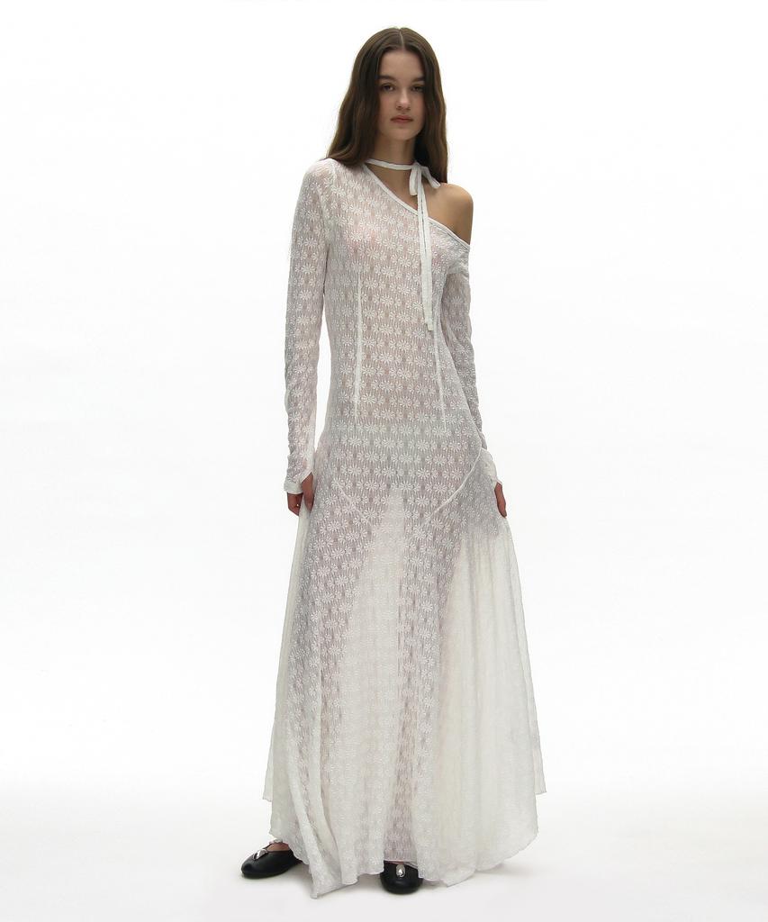Partimento Woman Sheer Lace Tie-Neck Maxi Dress_White