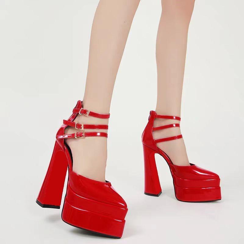 Pointed Toe Patent Leather Buckle Strap Block Heel Single Platform Super High Heel Women's Shoes