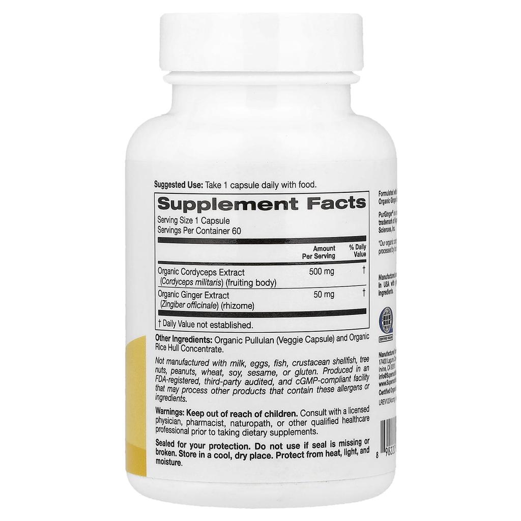 Super Nutrition, Organic Cordyceps Mushrooms + Ginger, 60 Veggie Capsules