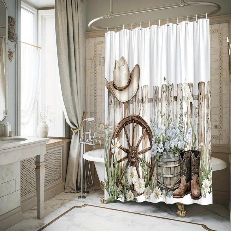 1pc Rustic Western Shower Curtain, Wooden Wagon Wheel & Cowboy Design, Wildflowers Daisies, Durable Bathroom Decor
