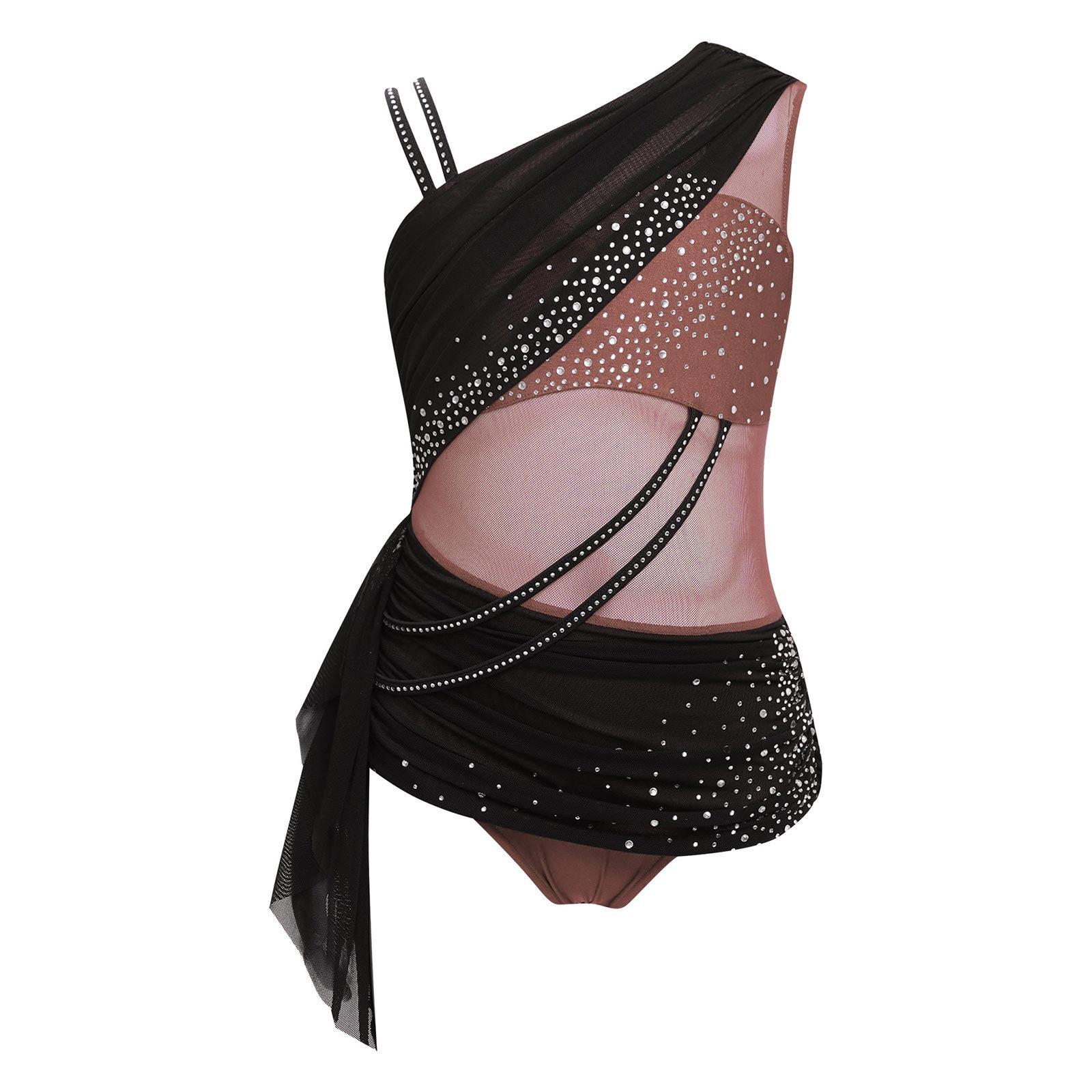 

Сукня для ліричного танцю для дівчаток, дизайн колор-блок, прозора сітка, драпірування, асиметрична, з блискучими стразами 9-10 Years коричневий