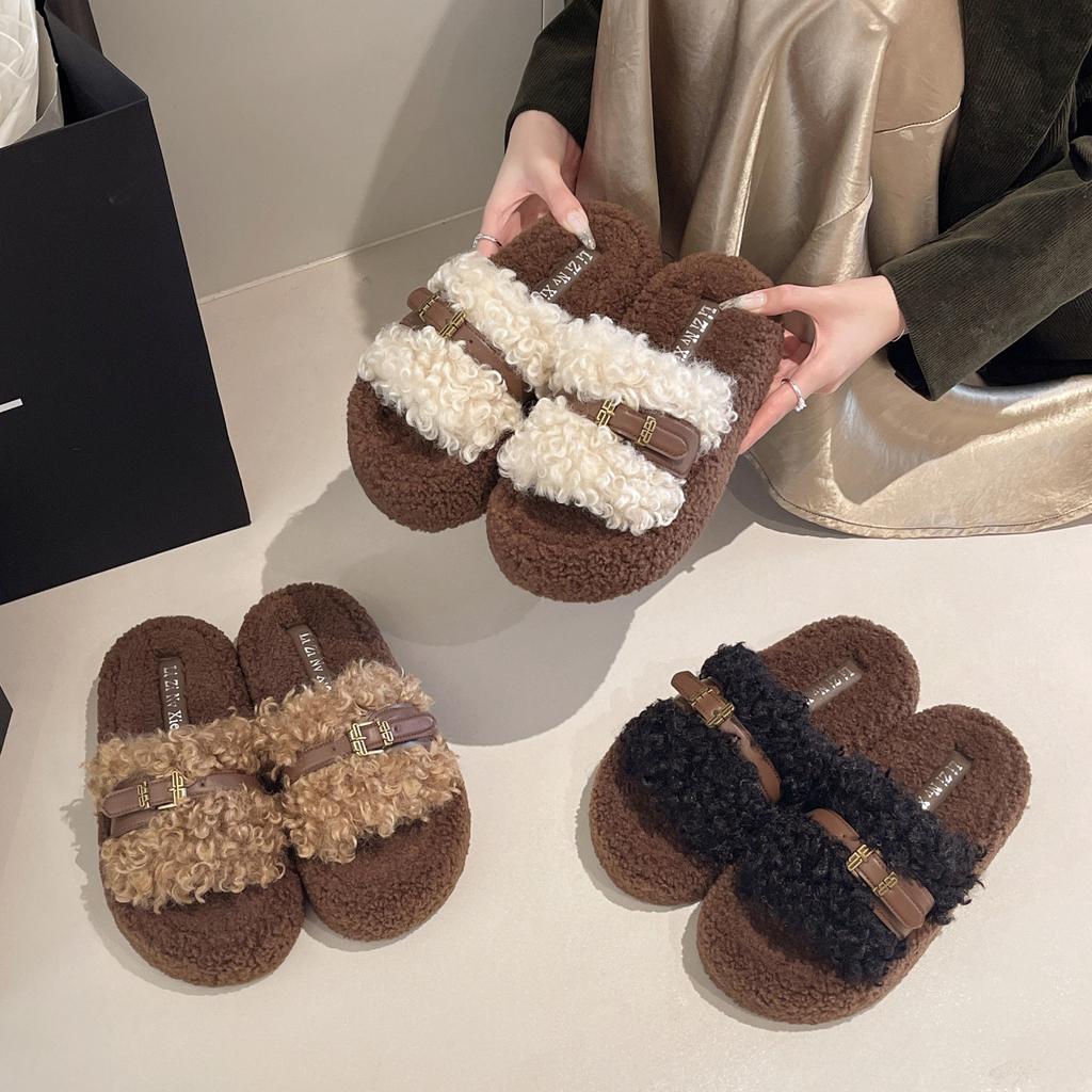 Fairy Wind Thick Bottom Hairy Drag Girl Wearing Ins Trendy Small Fragrant Wind 2025 New Autumn and Winter French Lazy Cotton Slippers