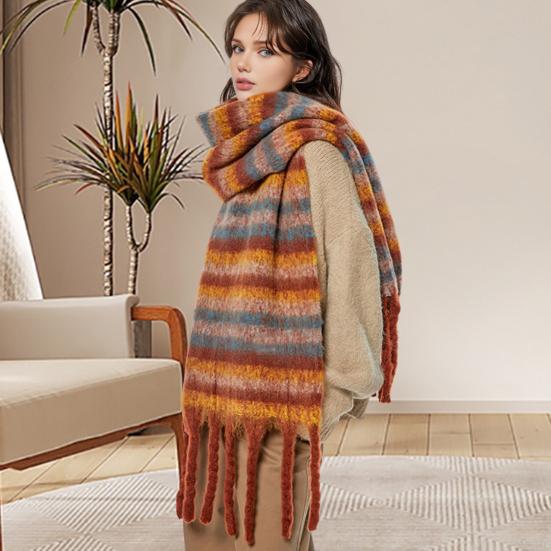 Winter Scarf Cashmere Feel Plush Scarf with Tassel Decoration Thickened Warm Plaid Pattern Winter Long Scarf