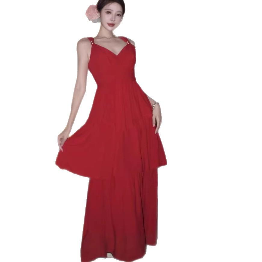 New red V-neck chiffon dress for women's summer lotus leaf edge waist holiday cake dress