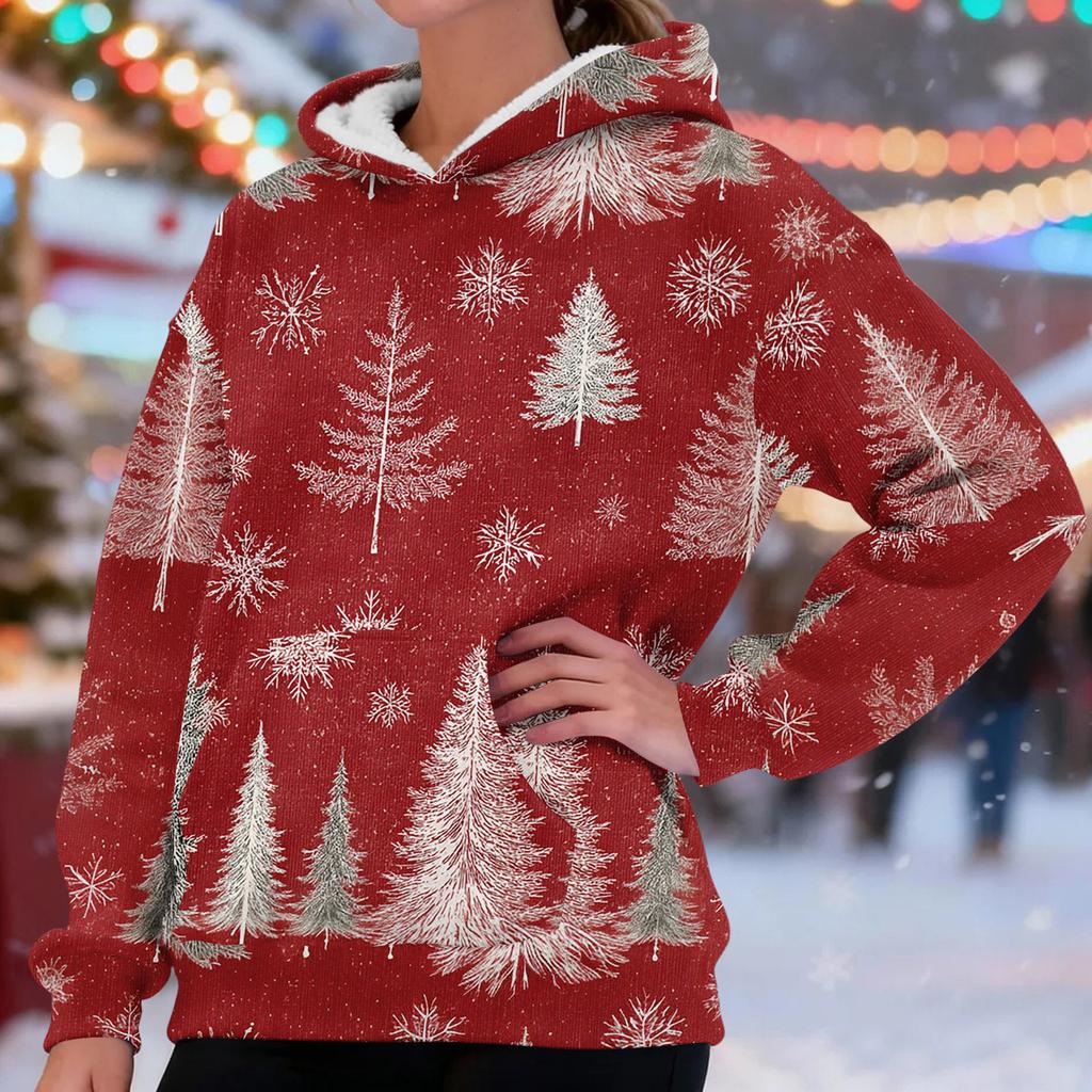 Women's Fashionable Casual Long-Sleeved Christmas Print Fleece-Lined Thick Hooded Sweatshirt