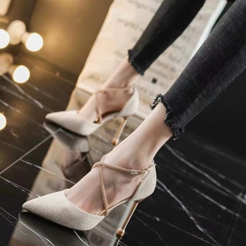 Fashion High-heeled Women's 2025 Spring and Autumn New Versatile Rhinestone Cross One-button French Girl Pointed Slim Heel Sandals
