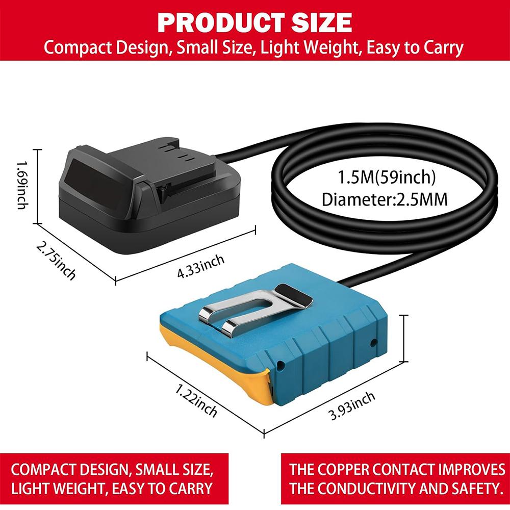 Battery Extension Cord Tool for Makita Bosch Dewalt Milwaukee 18V-20V Lithium Battery Lightweight with Belt Clip 1.5M Cable