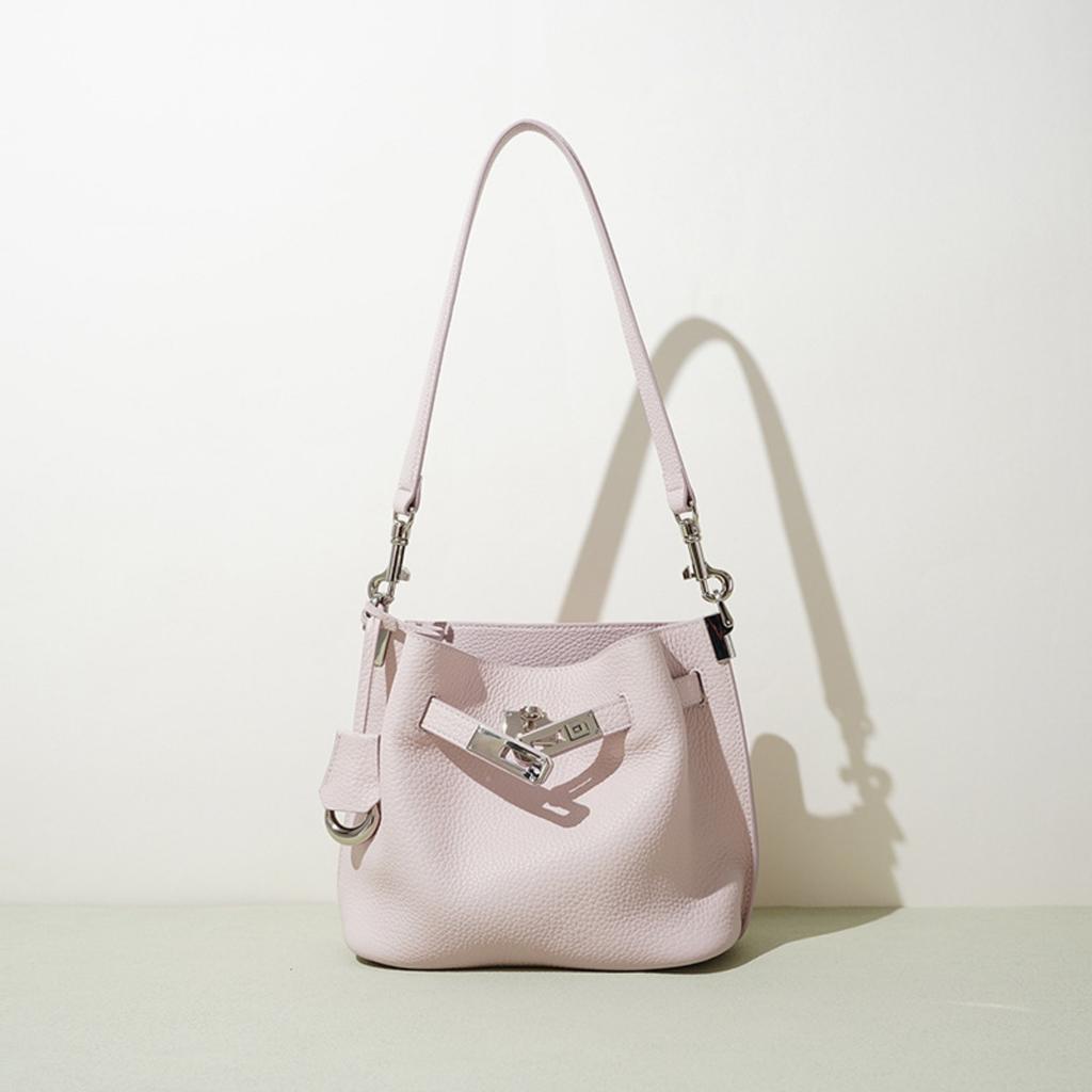 Klassische Damen-Tasche erste Schicht Rindsleder Einkaufskorb Eimer-Tasche einfarbig vielseitig Mode große Kapazität Leder Schulter-Achsel-Tasche