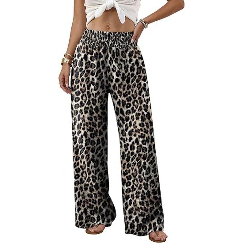 Damen High Waist Geraffter Elastischer Bund Weiter Bein Lockerer Schnitt Freizeithose