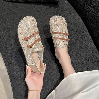 Womens Shoes Retro National Wind Gauze Disc Buckle Mother Shoes Women  Spring/summer New Flat Lazy Comfortable Bean Shoes