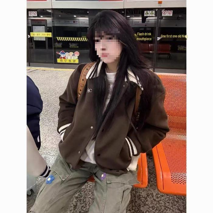 2025 Autumn Korean Style Letter Design Lapel Baseball Jacket - Loose, Versatile, Casual Outerwear M