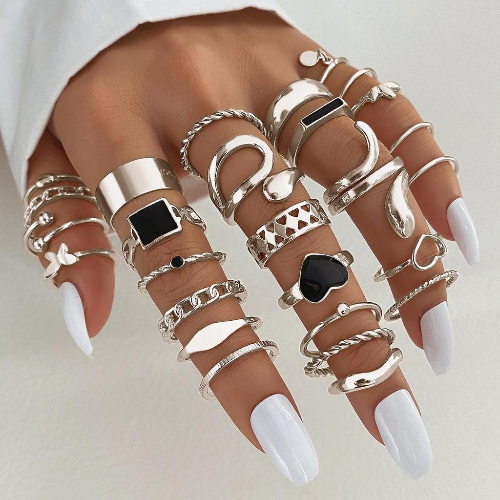 23-Piece Set: Black Butterfly Diamond & Pearl Knuckle Rings for Women